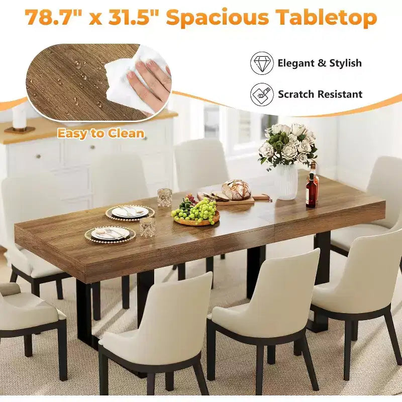 Zevemomo Tavolo da pranzo allungabile 63-78,7, tavolo da cucina rettangolare per 6-10 persone con binario in metallo e gambe affusolate a U per sala da pranzo e ufficio - Marrone