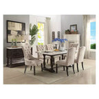Dining Table – White Marble Top & Espresso Brown Trestle Base, Seats 6