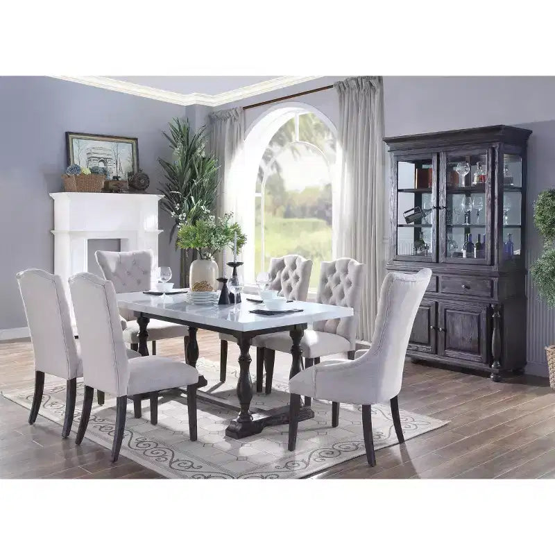 Dining Table – White Marble Top & Espresso Brown Trestle Base, Seats 6