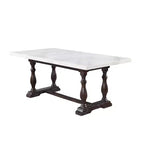 Dining Table – White Marble Top & Espresso Brown Trestle Base, Seats 6