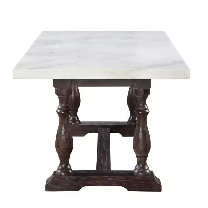 Dining Table – White Marble Top & Espresso Brown Trestle Base, Seats 6