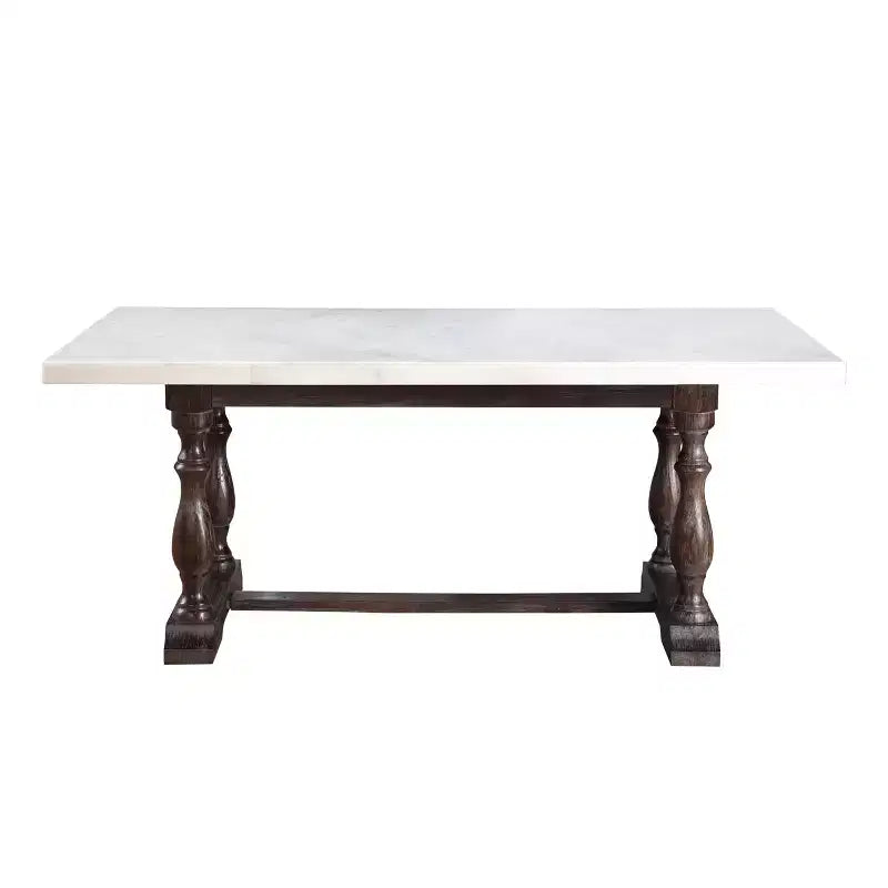 Dining Table – White Marble Top & Espresso Brown Trestle Base, Seats 6