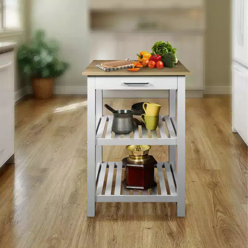 Isola da cucina Sunrise – Piano in legno massello, cassetto scorrevole, portasciugamani e 2 ripiani