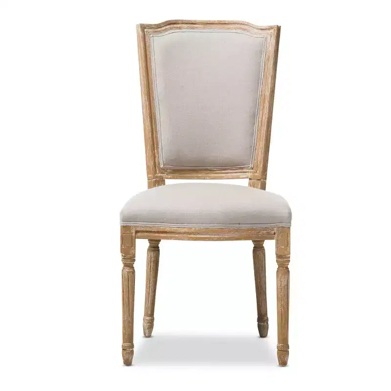 French Vintage Dining Chair – Weathered Oak & Beige Linen, No Assembly
