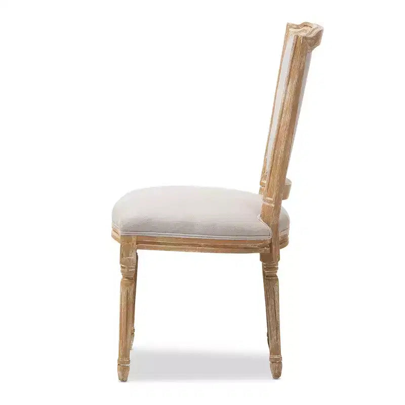 French Vintage Dining Chair – Weathered Oak & Beige Linen, No Assembly