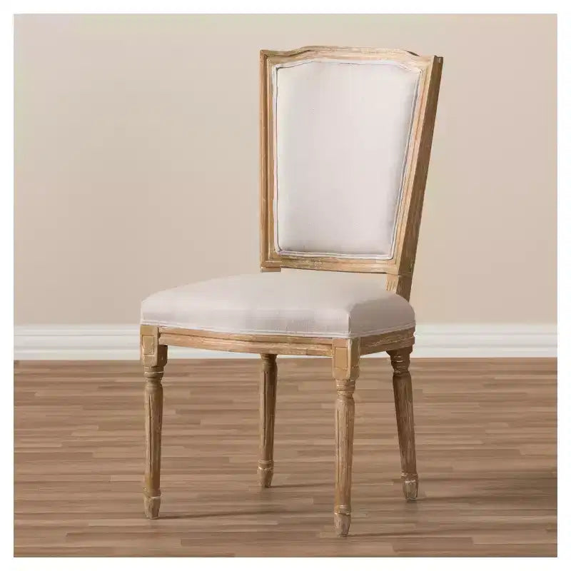 French Vintage Dining Chair – Weathered Oak & Beige Linen, No Assembly