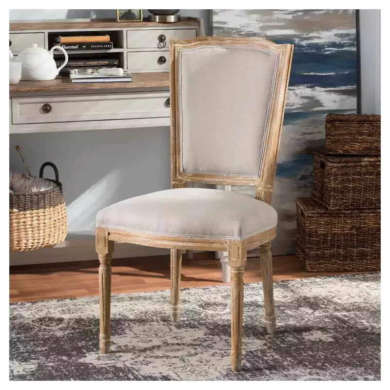French Vintage Dining Chair – Weathered Oak & Beige Linen, No Assembly