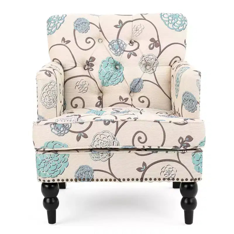Poltrona club tufted Harrison – rivestimento floreale bianco/blu, struttura in legno massiccio