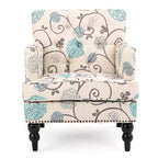 Poltrona club tufted Harrison – rivestimento floreale bianco/blu, struttura in legno massiccio