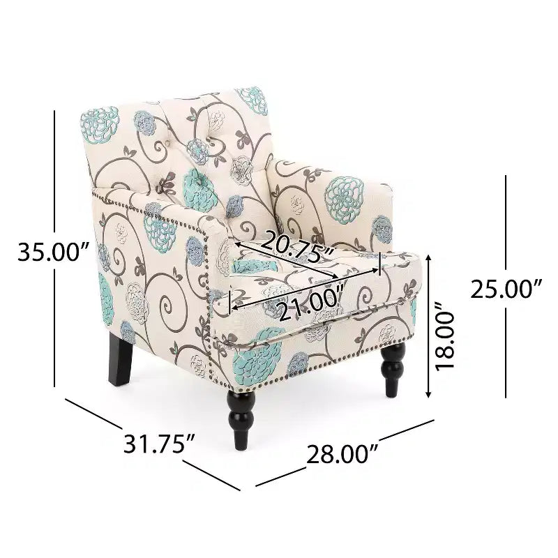 Poltrona club tufted Harrison – rivestimento floreale bianco/blu, struttura in legno massiccio