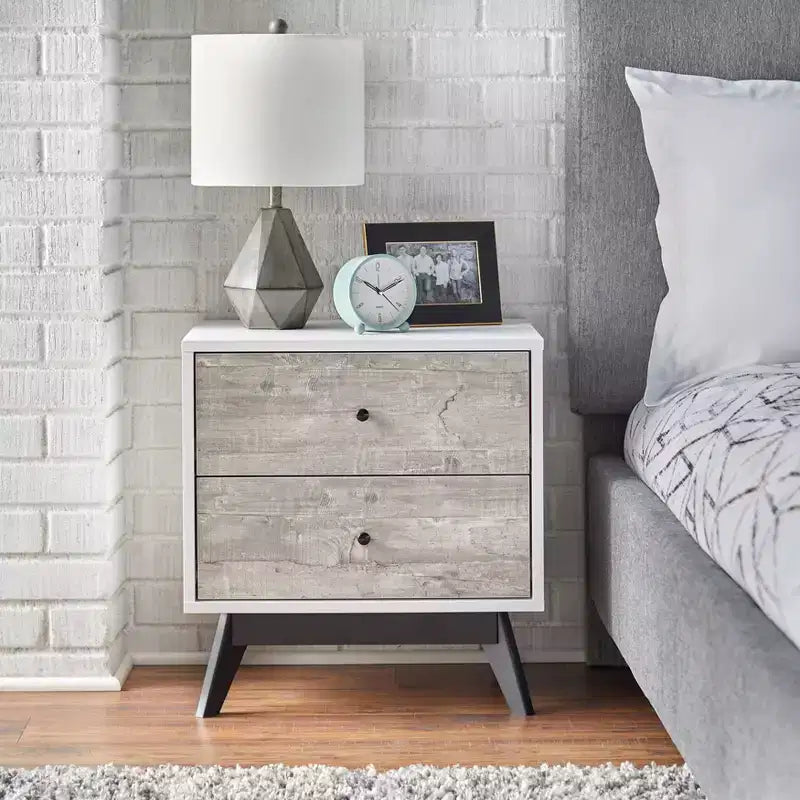 Mid-Century 2-Drawer Nightstand – White & Weathered Gray