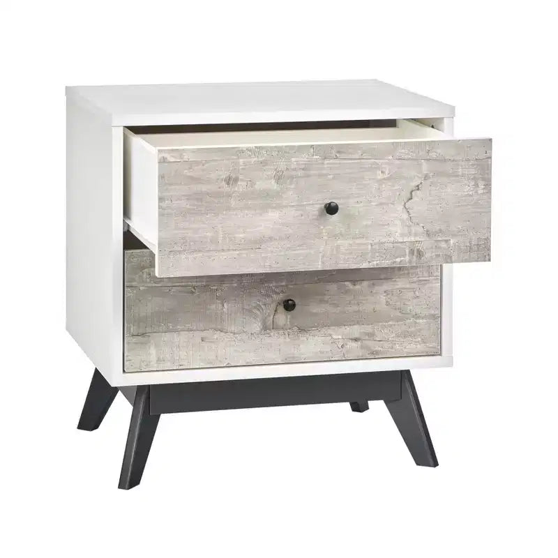 Mid-Century 2-Drawer Nightstand – White & Weathered Gray