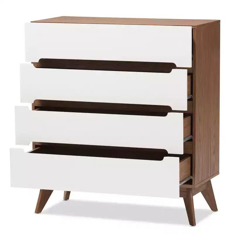 Mid-Century 4-Drawer Storage Chest – Walnut & White Scandinavian Design