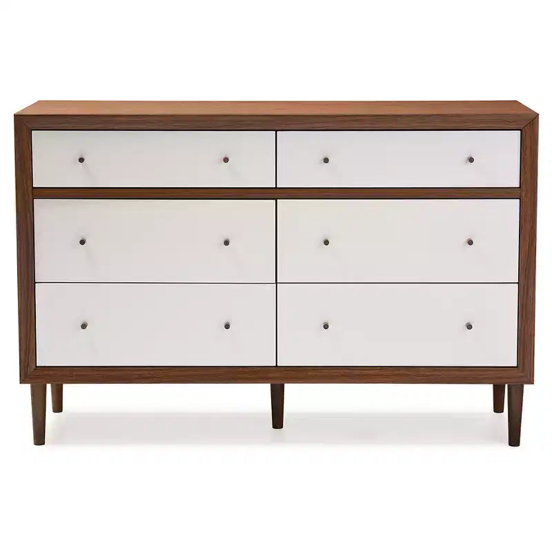 Cassettiera a 6 cassetti Harlow Mid-Century – Bianco e Noce, Gambe a Compasso in Legno di Gomma