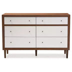 Cassettiera a 6 cassetti Harlow Mid-Century – Bianco e Noce, Gambe a Compasso in Legno di Gomma