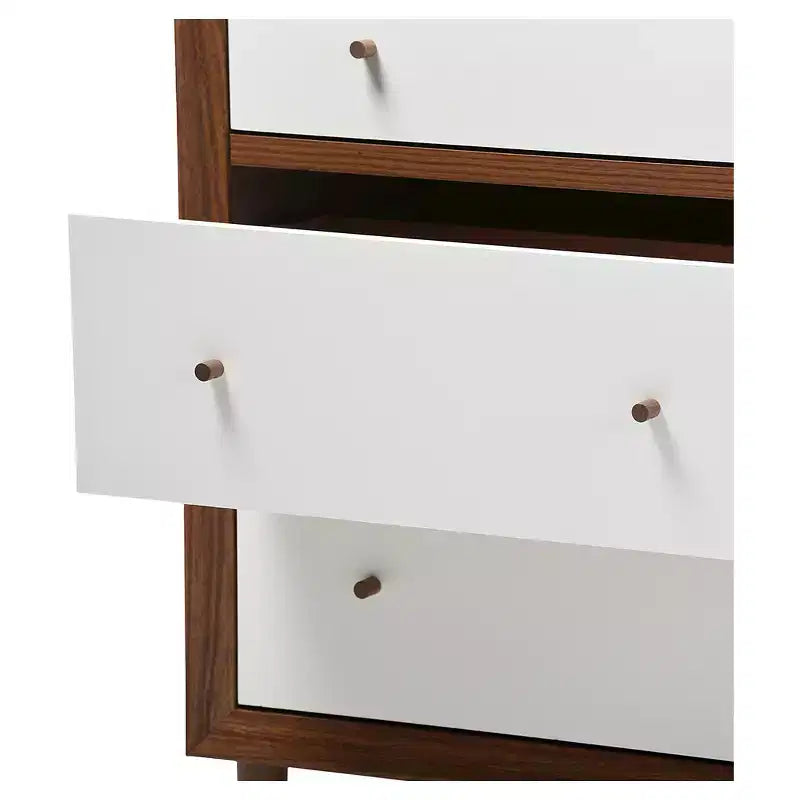 Cassettiera a 6 cassetti Harlow Mid-Century – Bianco e Noce, Gambe a Compasso in Legno di Gomma