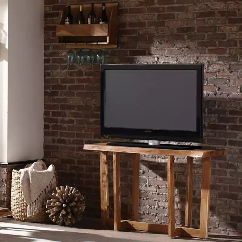 Consolle multimediale Berkshire in legno massello di acacia con bordo naturale – Componenti in acciaio, 122 cm