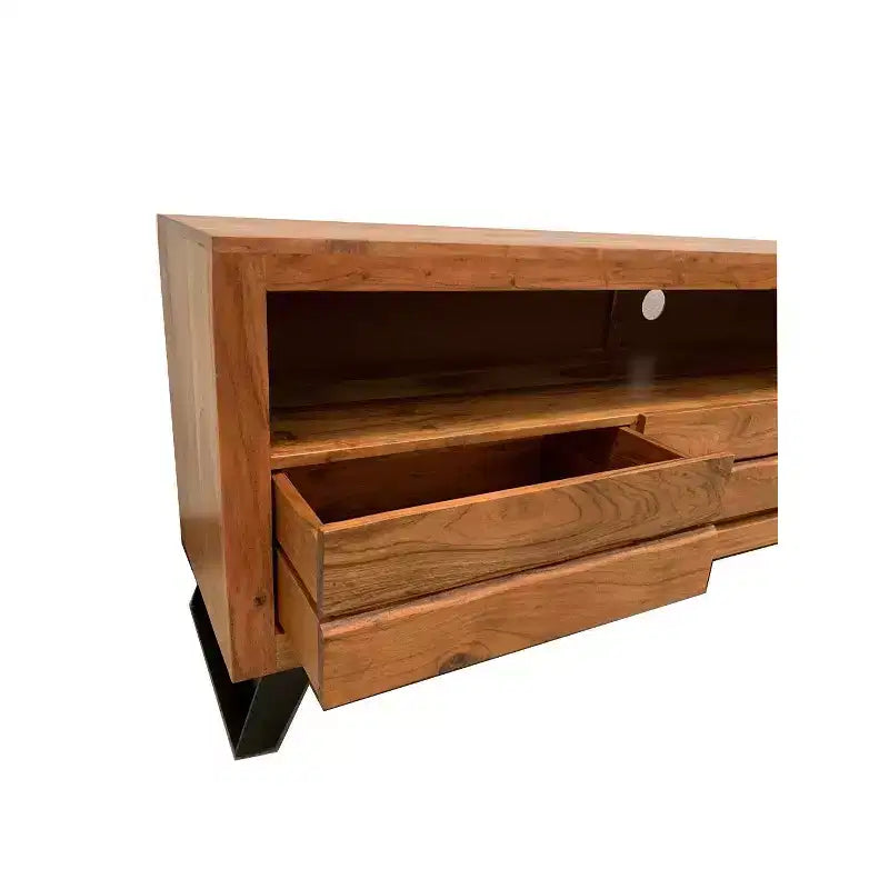 Mobile TV in Legno di Acacia Bordo Vivo per TV fino a 65" – Gambe Industriali in Ferro, 170 cm