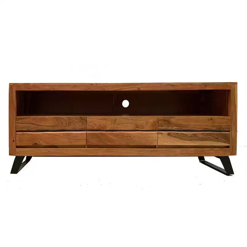 Mobile TV in Legno di Acacia Bordo Vivo per TV fino a 65" – Gambe Industriali in Ferro, 170 cm