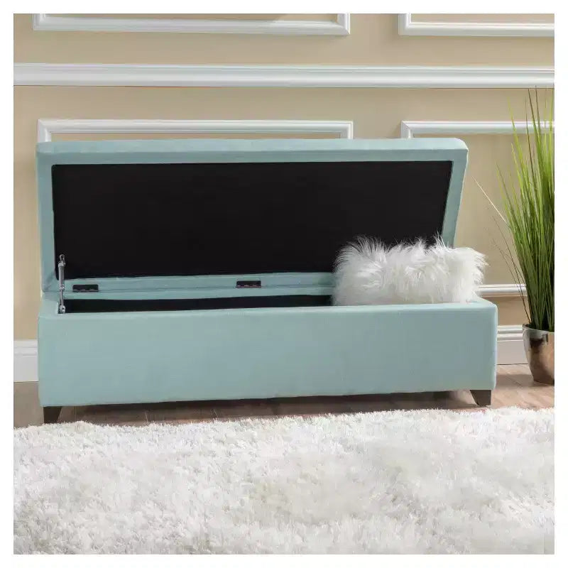 Panca Contenitore London in Tessuto – Trapuntata Azzurro Chiaro, Coperchio Incernierato, 129 cm