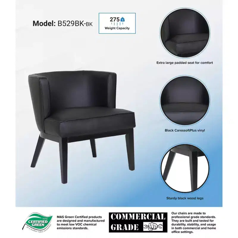 Accent Chair – Black Vinyl Upholstered, Padded Seat, Wood Legs, 275 lb Cap