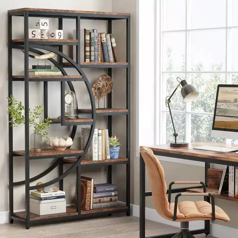 Libreria Etagere a 5 ripiani da 68,89" – Design geometrico a mezza luna, Marrone e Nero