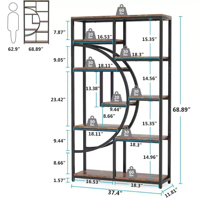 Libreria Etagere a 5 ripiani da 68,89" – Design geometrico a mezza luna, Marrone e Nero