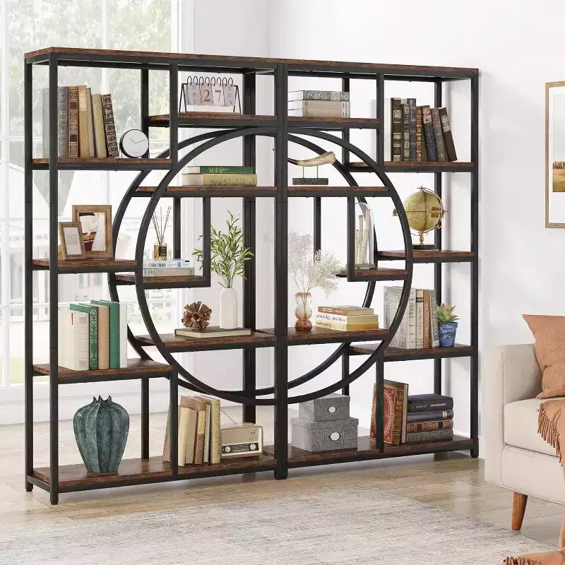 Libreria Etagere a 5 ripiani da 68,89" – Design geometrico a mezza luna, Marrone e Nero