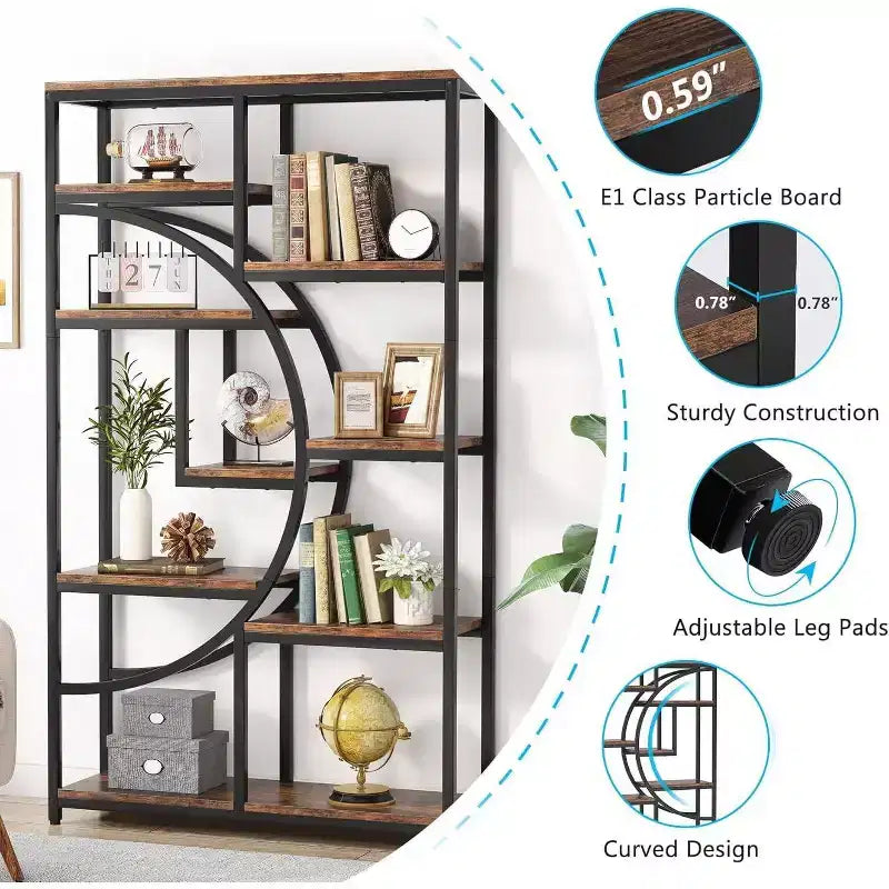 Libreria Etagere a 5 ripiani da 68,89" – Design geometrico a mezza luna, Marrone e Nero