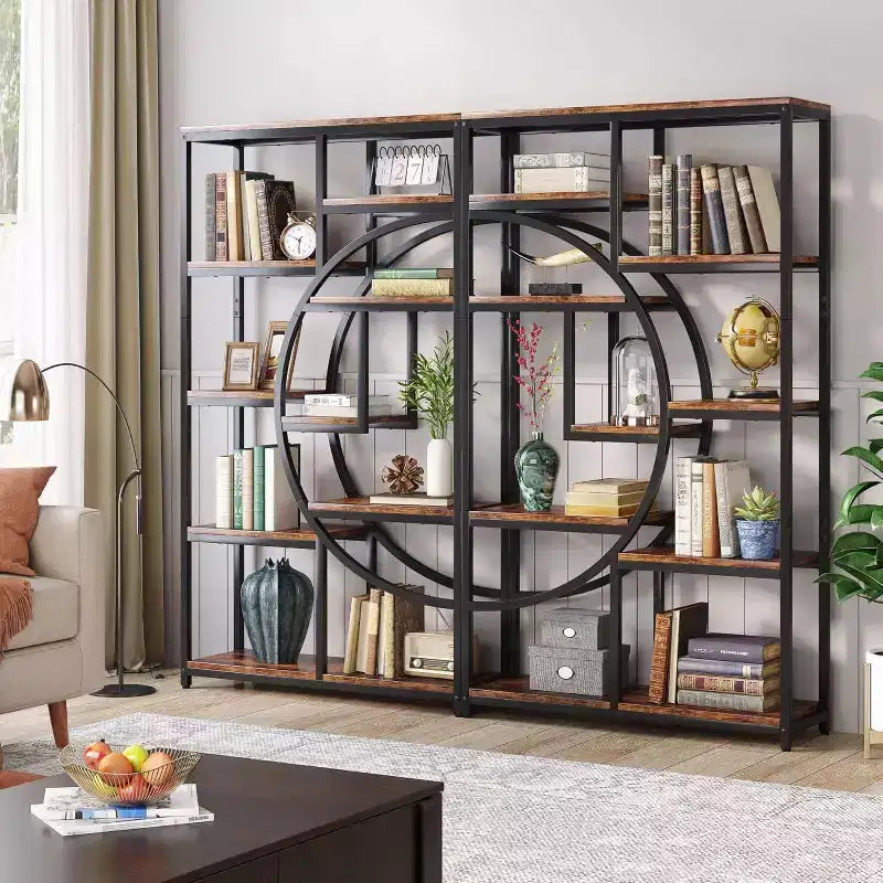 Libreria Etagere a 5 ripiani da 68,89" – Design geometrico a mezza luna, Marrone e Nero