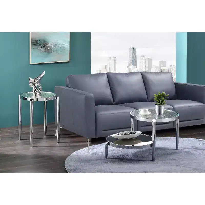 Round Glass Coffee Table – Chrome Finish, 3-Leg Base, 37" Long