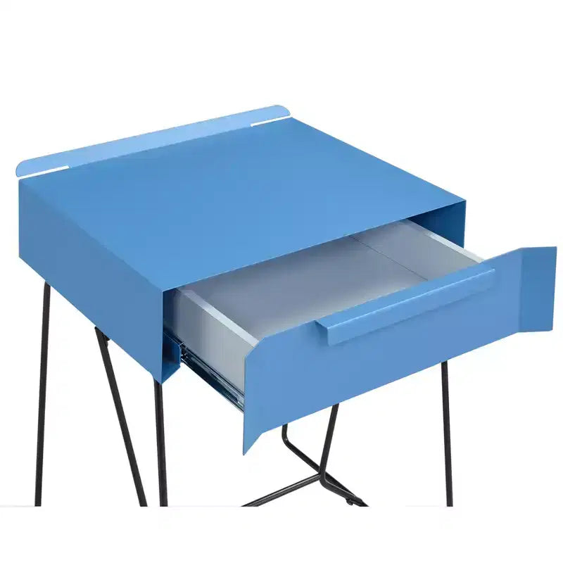 Modern Side Table Blue – 1-Drawer Geometric Metal Base, 22.88" High