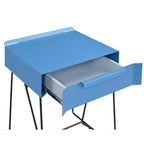Modern Side Table Blue – 1-Drawer Geometric Metal Base, 22.88" High