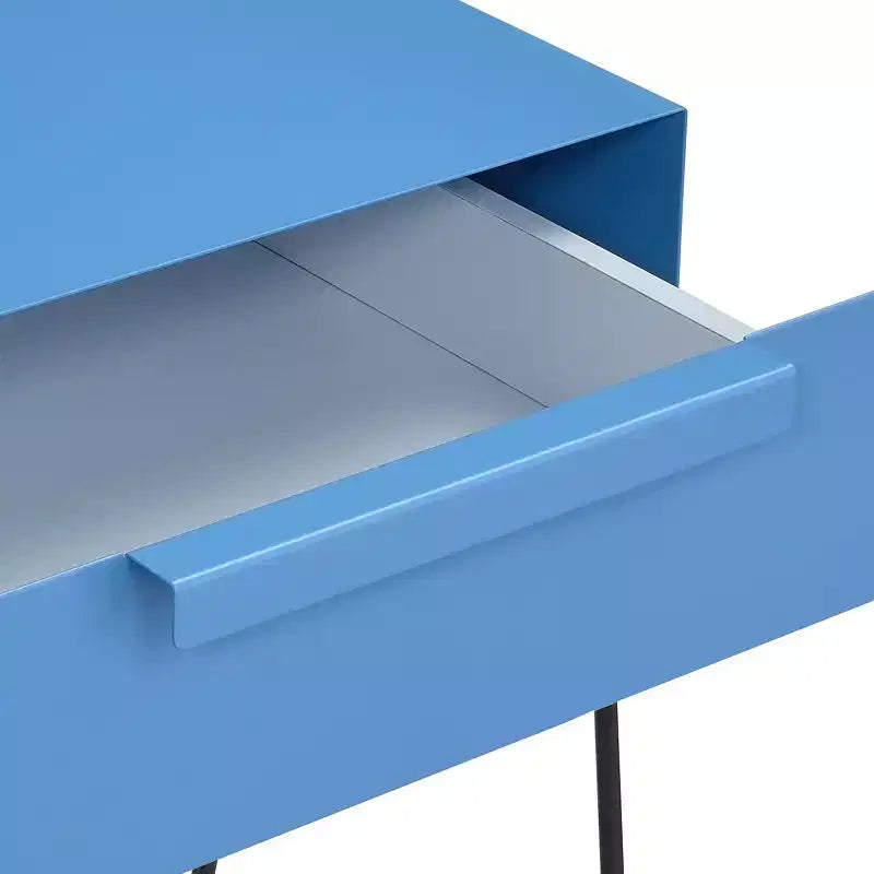 Modern Side Table Blue – 1-Drawer Geometric Metal Base, 22.88" High