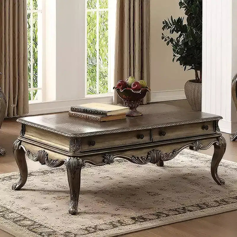 Tavolino – Rovere Vintage, Dettagli Intagliati, Gambe Scorrevoli, 132 cm di Lunghezza