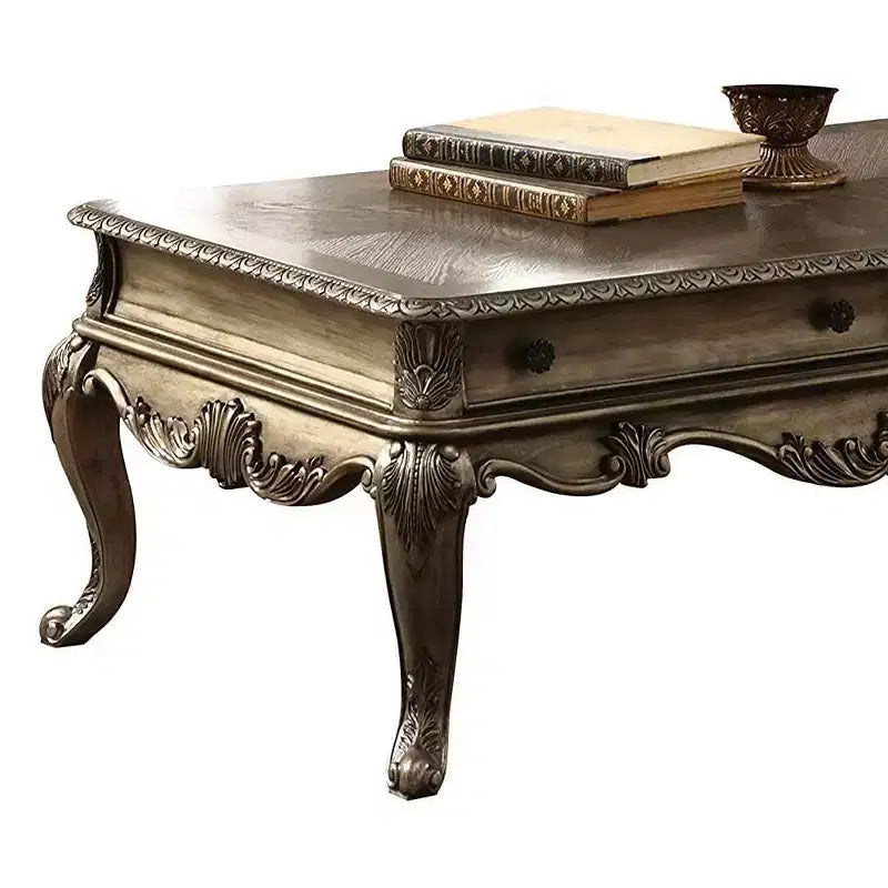 Tavolino – Rovere Vintage, Dettagli Intagliati, Gambe Scorrevoli, 132 cm di Lunghezza