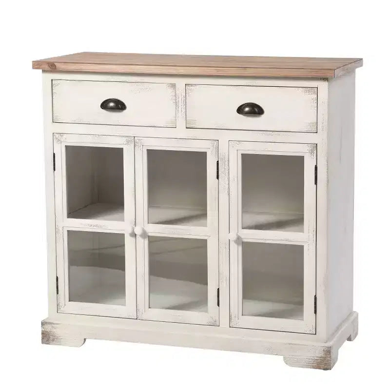 Vetrinetta Shabby Chic – Bianco Antico, 3 Ante in Vetro e 2 Cassetti