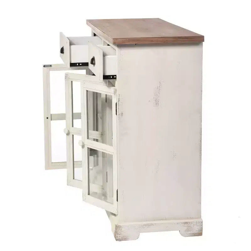Vetrinetta Shabby Chic – Bianco Antico, 3 Ante in Vetro e 2 Cassetti