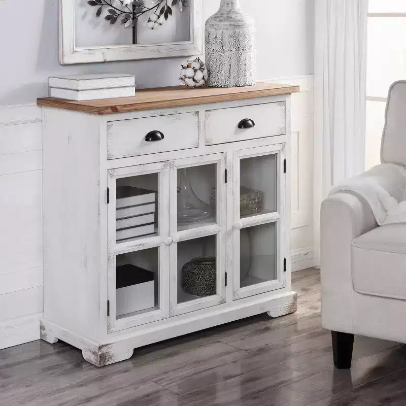Vetrinetta Shabby Chic – Bianco Antico, 3 Ante in Vetro e 2 Cassetti