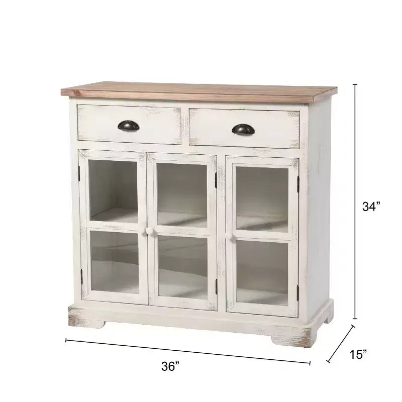 Vetrinetta Shabby Chic – Bianco Antico, 3 Ante in Vetro e 2 Cassetti