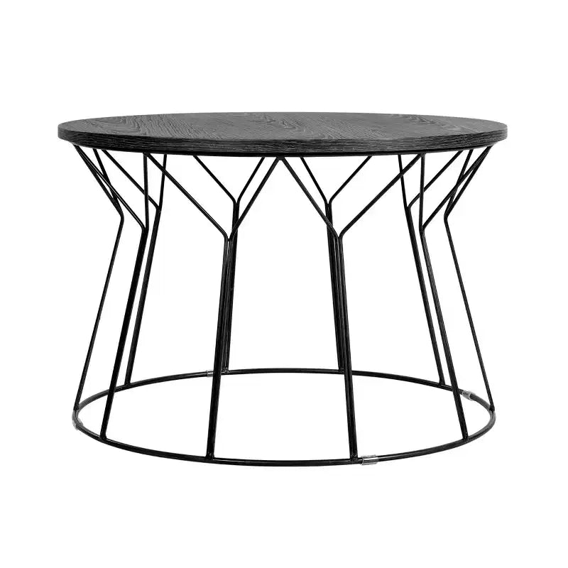 Round Coffee Table – Noir Black, Geometric Metal Base, MDF Top