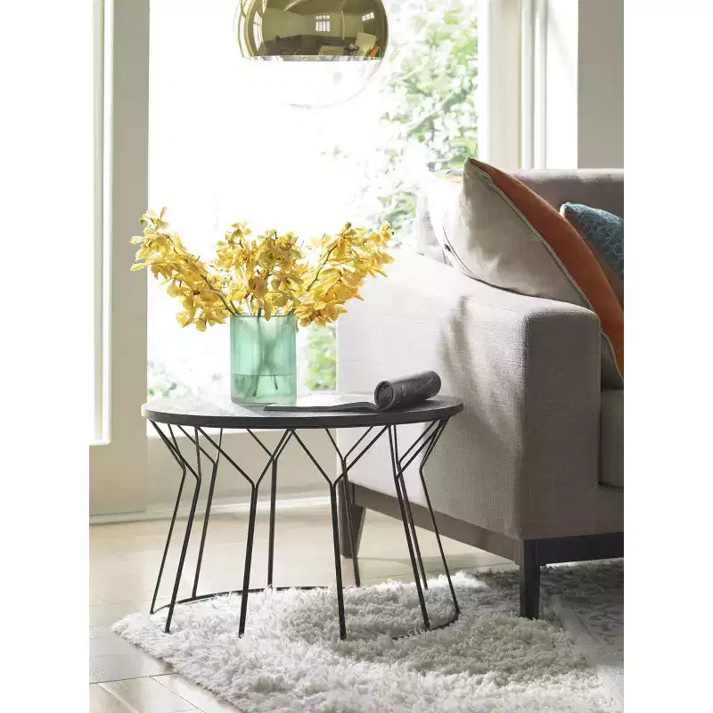 Round Coffee Table – Noir Black, Geometric Metal Base, MDF Top