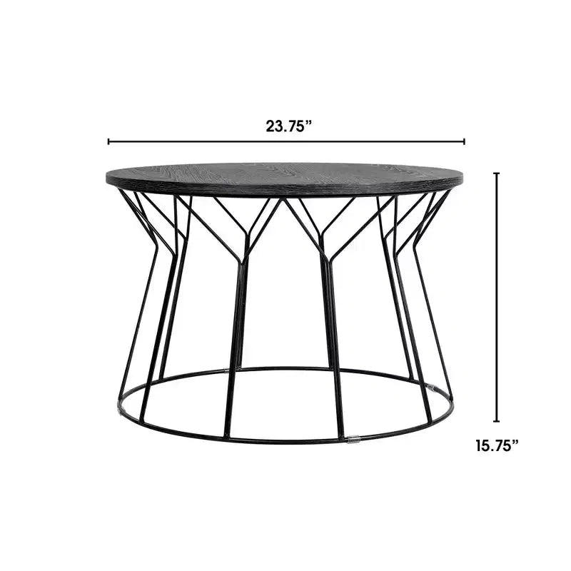 Round Coffee Table – Noir Black, Geometric Metal Base, MDF Top