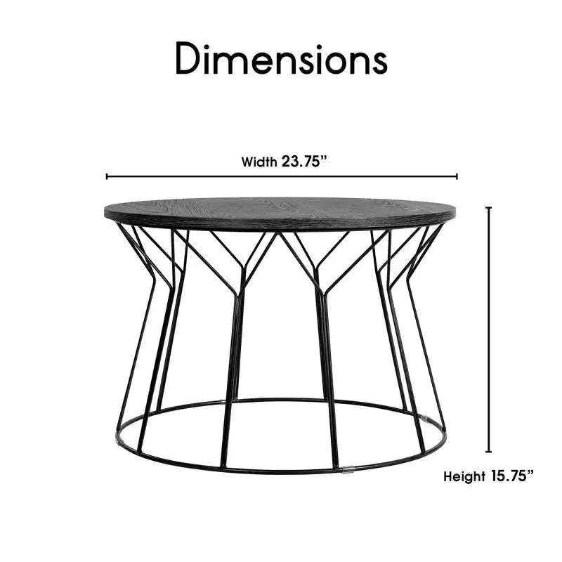 Round Coffee Table – Noir Black, Geometric Metal Base, MDF Top