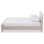 Mid-Century Fabric Platform Bed – Full Size, Light Beige, No Box Spring