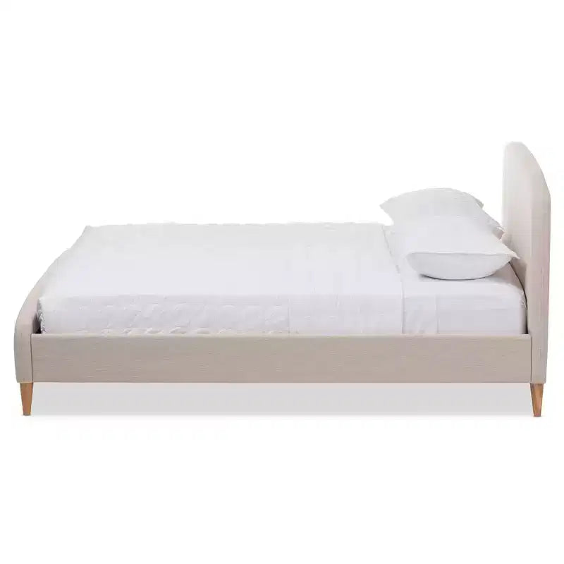 Mid-Century Fabric Platform Bed – Full Size, Light Beige, No Box Spring