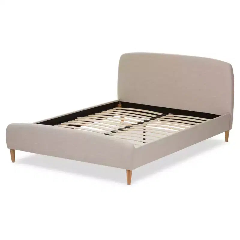 Mid-Century Fabric Platform Bed – Full Size, Light Beige, No Box Spring