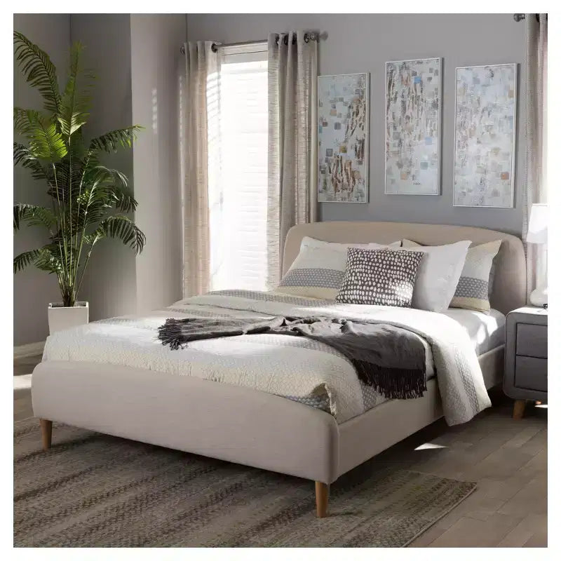 Mid-Century Fabric Platform Bed – Full Size, Light Beige, No Box Spring