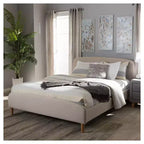 Mid-Century Fabric Platform Bed – Full Size, Light Beige, No Box Spring