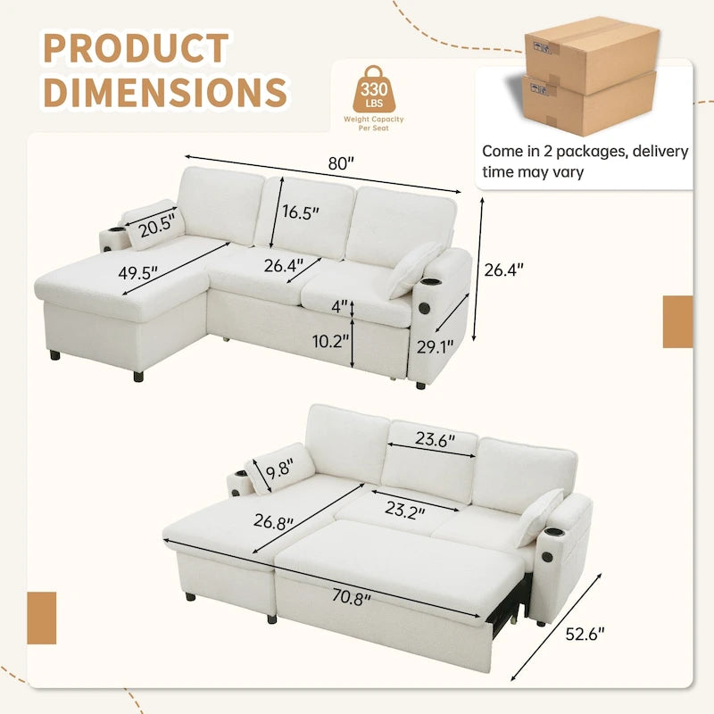 80 L-förmiges Schlafsofa, Schlafsofa mit ausziehbarem Bett, wendbares Schlafsofa